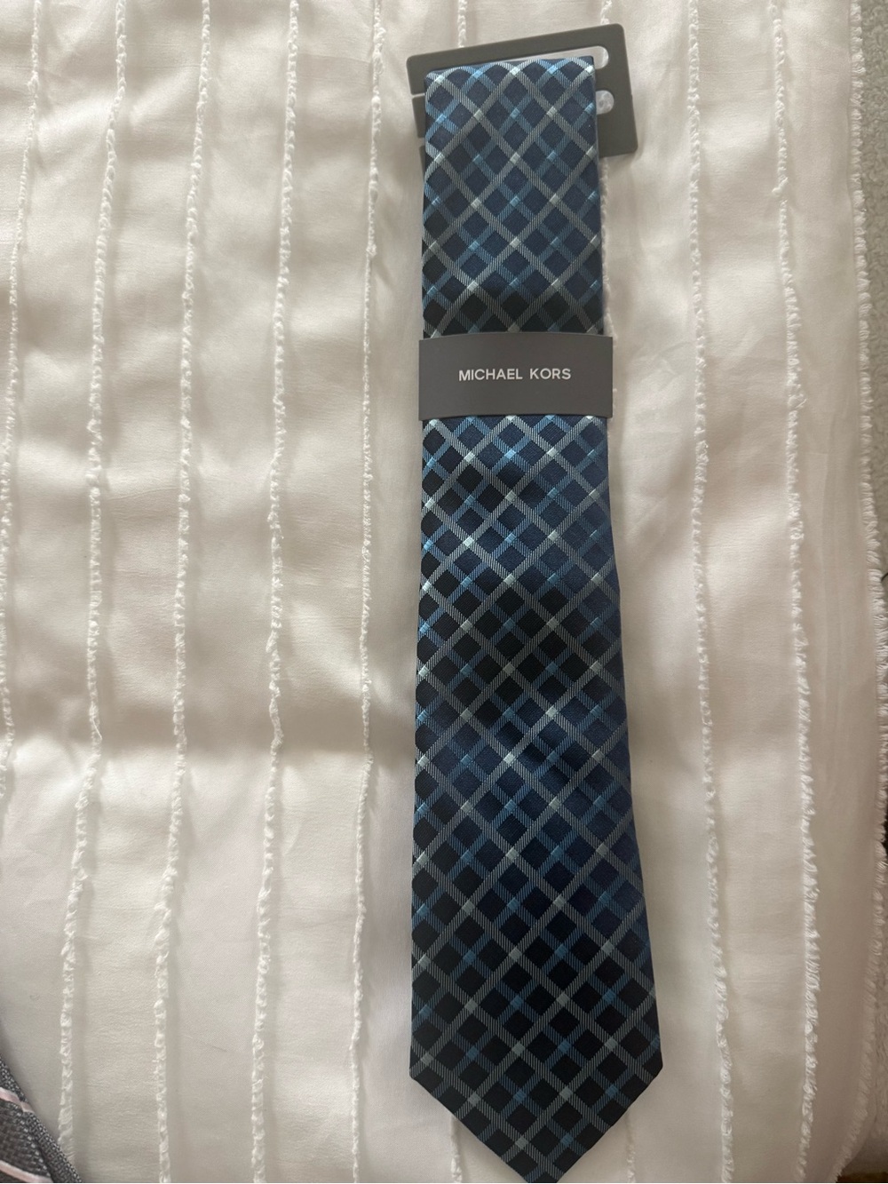 Michael Kors Navy and Light Blue Plaid Silk Tie